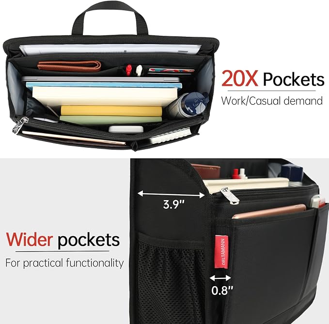 Large Rugged Organizer Insert for Briefcase Tote Shoulder Messenger Bag-20 Pockets,Padded Water-repellent Nylon-Black - Image 3