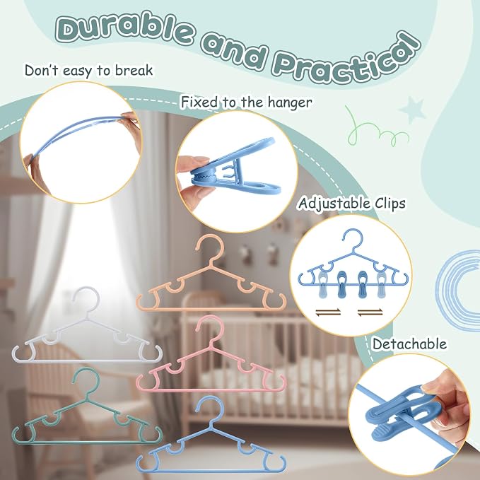 Hsei Baby Hanger with Clip for Pant,30 Packs Total,Morandi Color,10.6 Inch | 10 Kids Plastic Hanger with 20 Clips for Newborn, Nursery, Daycare, Preschool, Closet, Wardrobe Organizer for Baby Shower - Image 3