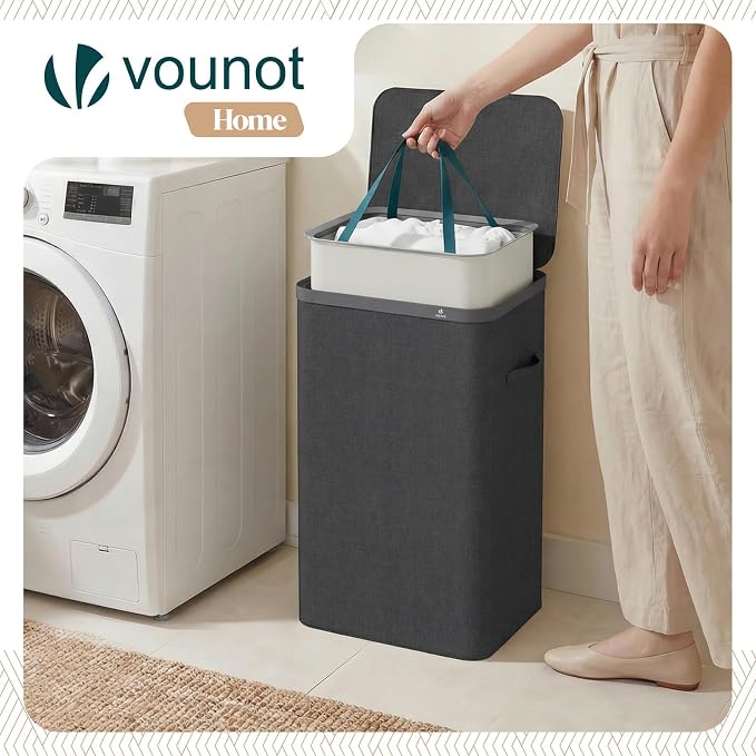 VOUNOT® 90L Laundry Basket with Lid, Rectangular Laundry Hamper with Removable Bag & Handles, Foldable Laundry Bin for Bedroom, Bathroom, Utility Room, Anthracite - Image 5