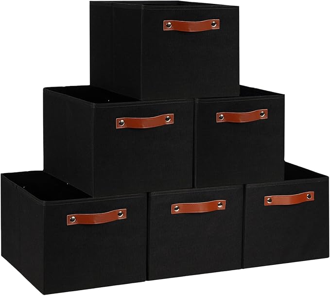 Fabric Storage Bins (15x11x9.5”) – Reinforced 2.5mm Cardboard Shelf Bins with PU Leather Handles – [6-Pack] Durable Storage Baskets for Closet Organization, Toy Organizer, & Home Office – Black by TEMARY