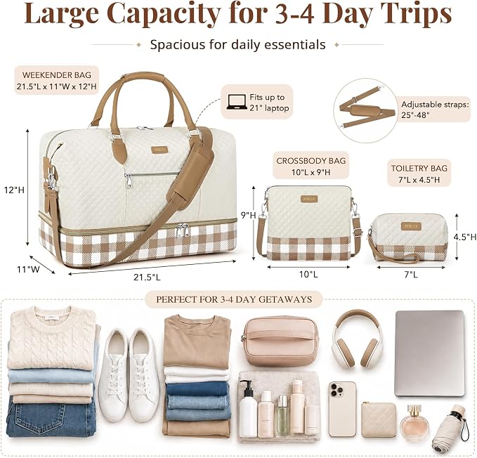 ITIEZY Weekender Bag for Women 21.5" Travel Duffel Large Carry On Bag 3PCS | Nylon Duffel Bag with Waterproof Shoe Compartment, Crossbody Bag and Toiletry Bag, Travel Weekend Hospital Overnight Gym Bag - Image 4