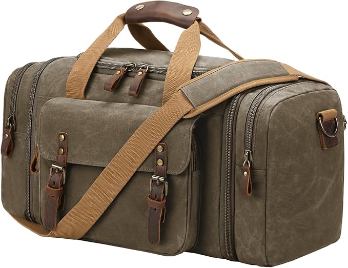 Waxed Canvas Duffel Bag 50L, Army Green | Waterproof, Travel, Overnight, Weekender by NEHOR