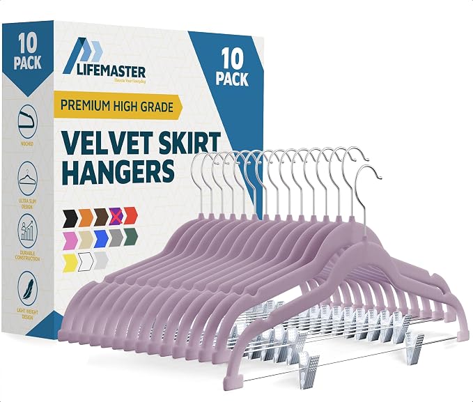 Lifemaster Velvet Skirt Hangers – with Adjustable Clips, 360 Degree Swivel Hook, and Non-Slip Shoulder Notch, Holds Up to 10 lbs, for Organizing Skirt, Pants, Dress, and Clothes, Pack of 10, Purple by LIFEMASTER