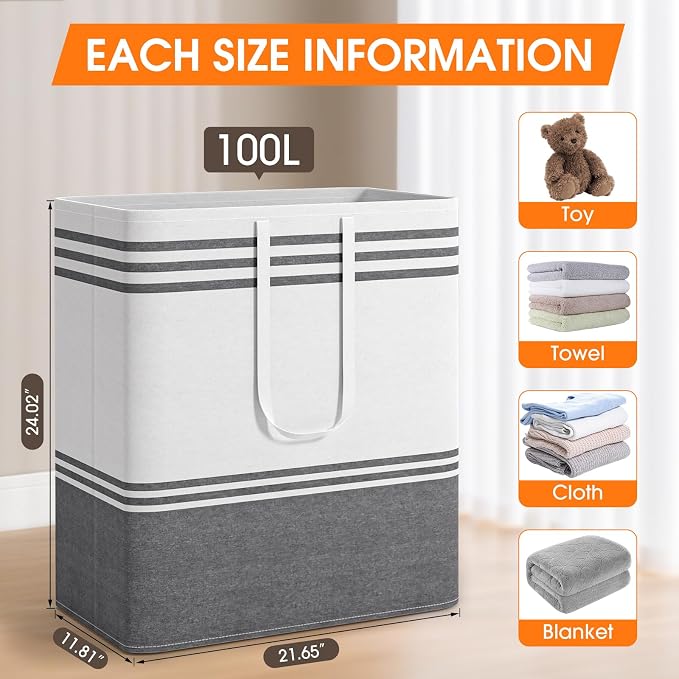3 Pack Large Laundry Baskets, Laundry Hampers, Freestanding Waterproof Collapsible Clothes Bag with Extended & Reinforced Handles - Clothes Basket for Dorm, Bathroom, Home (100L) - Image 2