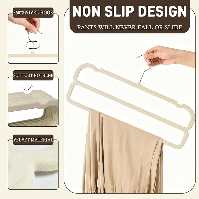 VSV stoage Velvet Pants Hangers with Double Non Slip Bar - Multiple Velvet Hangers for Closet - Thin Space Saving Clothes Hanger - 360° Swivel Felt Trouser Hanger Perchas Terciopelo 10 Pack (Beige) - Image 3