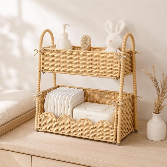 2-Tier Diaper Caddy Organizer, Handwoven Nursery Storage Basket | PE Rattan Diaper Caddy with Side Handles, Large Changing Table Organizer for Diapers, Wipes and Baby Essentials by Klippehop