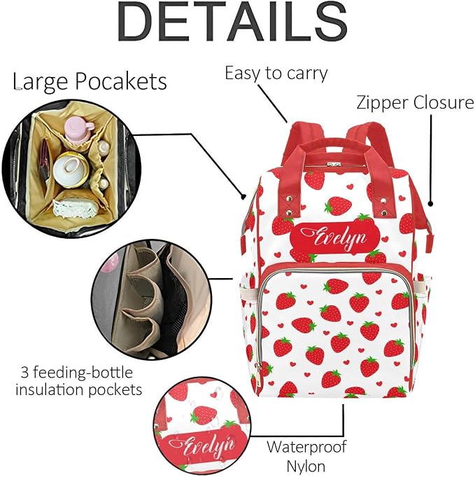 Custom Strawberry Baby Backpack – Personalized Diaper Bag with Name, Waterproof Large Capacity Nappy Bag with Insulated Pockets – Ideal Shower Gift for Moms & Dads - Image 5