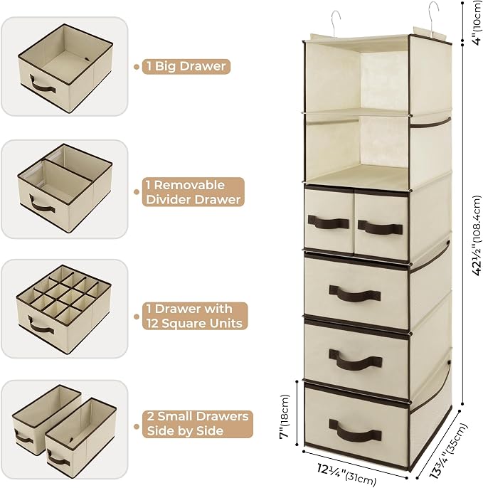 GRANNY SAYS Hanging Closet Organizer, 5 Drawers, 6 Shelves, 6 Pockets | Hanging Closet Organizer with 5 Different Drawer Designs, 6 Shelves & Reinforced Structure for Organized Small Space, Beiges - Image 3