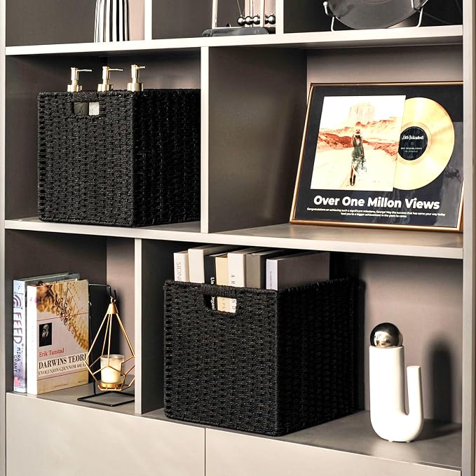 ICERZCZ Black Storage Bins, Wicker Storage Baskets for organizing, Paper Rope Woven Basket for Storage, 11 Inch Storage Cubes bin 11x11x11, 11"x10.25"x11", 2 Packs, Black - Image 2