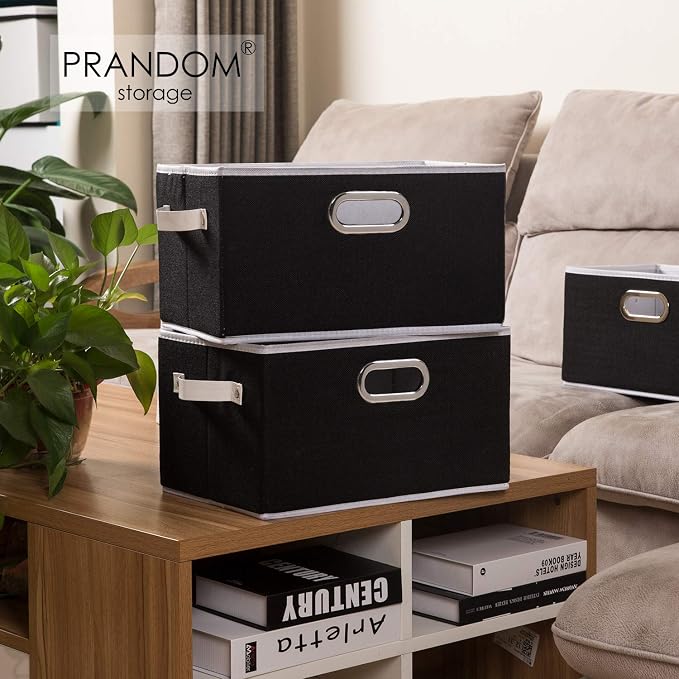 Larger Collapsible Storage Bins for Closet [5-pack] Decorative Linen Fabric Storage Baskets Cubes with Leather/Metal Handles for Living Room Black (17.3x12.2x10.4 Inch) - Image 2