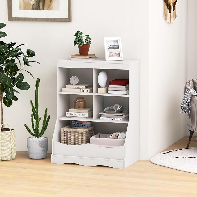 HONEY JOY Kids Toy Storage Organizer with Bookcase, 4-Cubby Organization Storage Cabinet w/Display Shelf, Wooden Toy Storage Unit for Playroom, Nursery Daycare(White) - Image 9