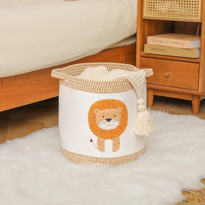 Blanket Baskets Laundry Hamper Lion Nursery Storage Basket, Woven Cotton Rope Nursery Organization Bins For Shower Gifts Baskets - Image 2