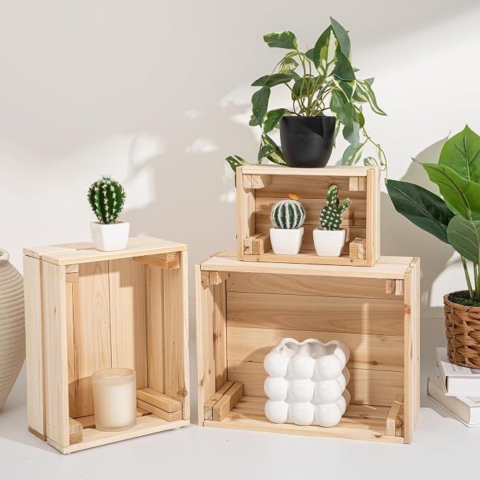 Oairse Set of 3 Rustic Wooden Storage Crates - Vintage Wood Storage Boxes with Handle for Home Organization Wooden Container Boxes Wood Baskets for Display Kitchen Pantry Cabinet, Shelf, Counter - Image 2