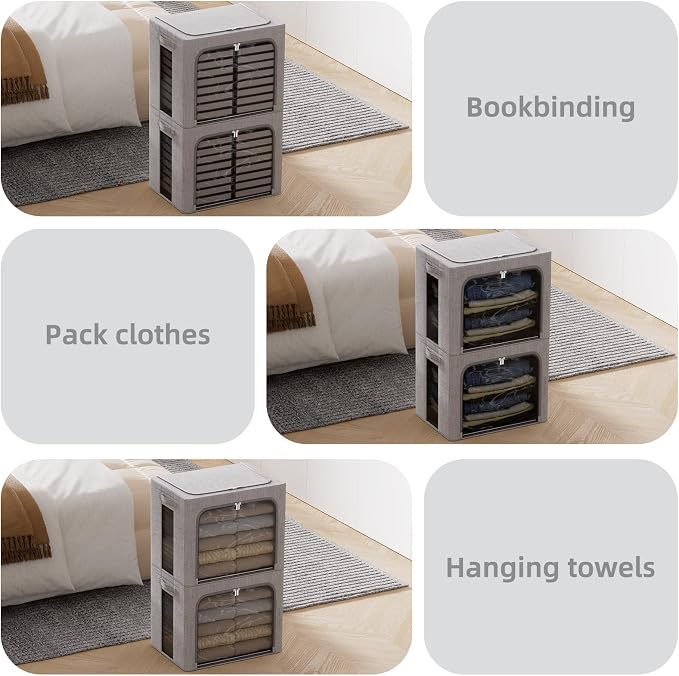 FHSQX 2 Pack Clothes Storage Bins, Light Gray, 16.5x12.2x12.2 Inch | ‎Portable, Large Clear Window, Stackable, Durable Handles, Foldable - Image 5