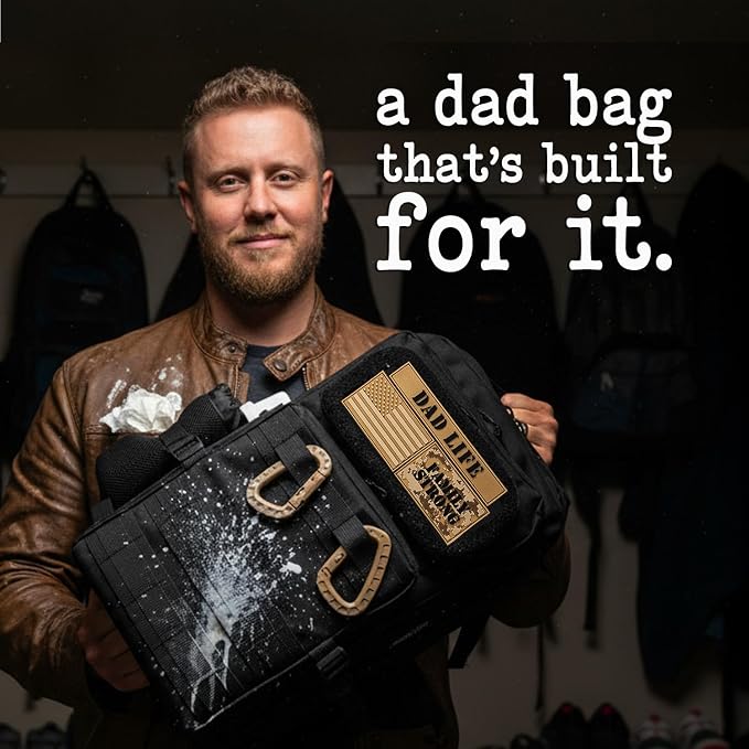 Dad Diaper Bag for Men with Dad Life Patches, Changing Pad | YKK Zippers, 2 Insulated Bottle Pouches, Adjustable Padded Back Straps, Cinch Straps, Stroller Straps, 9 Internal Pockets - Image 3