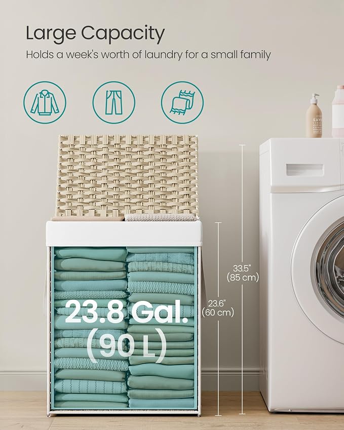 SONGMICS Laundry Hamper with Lid, 23.8 Gallon (90L) Synthetic Rattan Clothes Laundry Basket with Lid and Handles, Foldable, Removable Liner, Summer Sand ULCB051LZ01 - Image 5