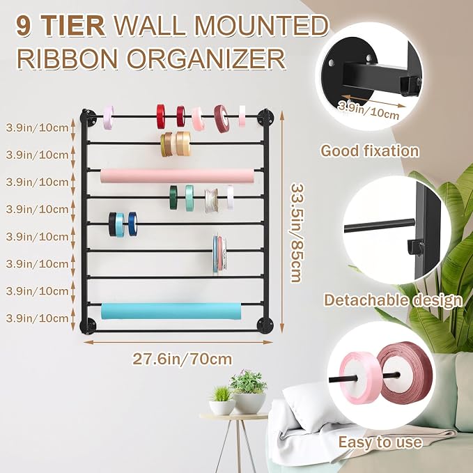 9 Tier Wall Mounted Ribbon Organizer Metal Ribbon Holder,Black - Image 2