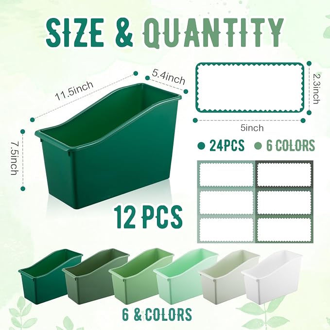 Geetery 12 Pcs Book Bin for Classroom with Labels Stackable Plastic Organizing Bins 11.5 x 5.4 x 7.5 in Book Holders Storage Bins Box Baskets for Classroom Library Home (Green Color Scheme) - Image 2