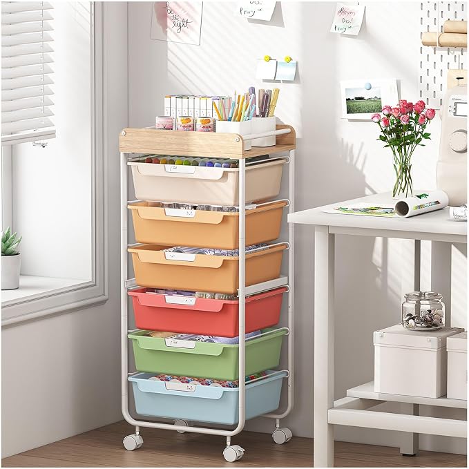 SYKIARIOL Rolling Cart with 6 Drawers,Craft Organizer and Storage,Rainbow | Utility Storage Cart with Drawers,Art Cart,Makeup Organizer With Wooden Tabletop by SYKIARIOL