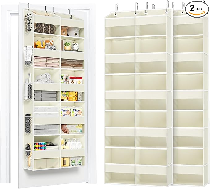 PureSpace 2 Pack 5-Tier Over The Door Organizer with 10 Side Mesh Pockets & Clear Windows, 80 lb Weight Capacity Hanging Storage for Bedroom, Nursery, Kitchen, Organize Toys, Shoes, Diapers(Beige by PureSpace