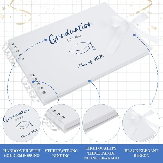 12 Pcs 2026 Graduation Guest Book with Photo Sign Decor 80 Pages Class of 2026 Scrapbook Photo Album with 10 DIY Dual Tip Metallic Markers Pens Gift, Exclude Camere(Graduation Cap,White,10.4 Inches) - Image 3