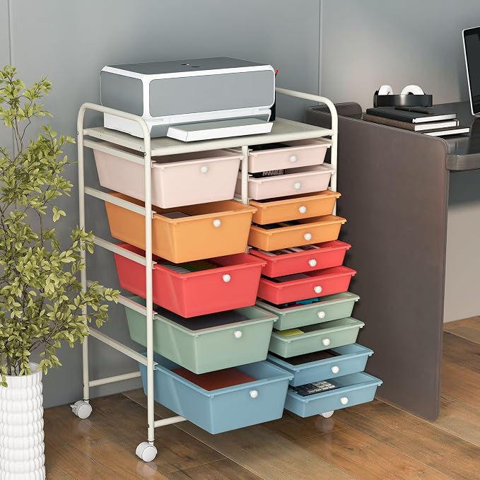 RELAX4LIFE 15-Drawer Storage Drawer Carts - Mobile Rolling Utility Cart w/Wheels, Craft Organizer for Classroom Organization and Storage, School, Office, Home, Storage Organizer Cart (Macaron) - Image 2