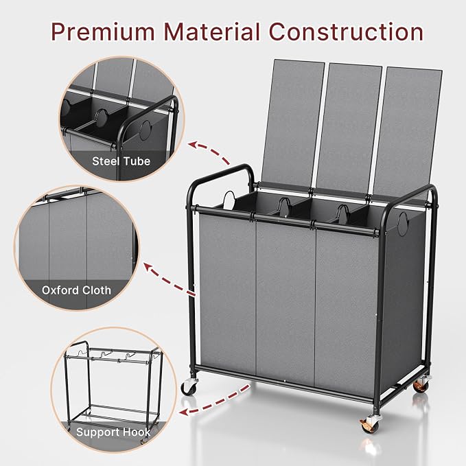 180L Laundry Sorter 3 Section with Lockable Wheels and Lid Grey | 3 Large Separate Removable Bags | Heavy Duty Rolling Laundry Basket | Laundry Hamper Cart for Laundry Room Organizer - Image 7