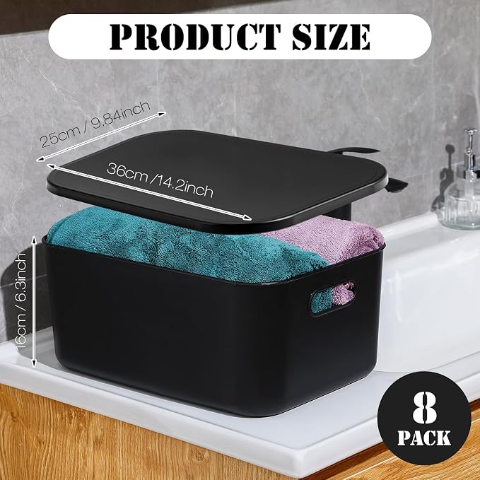 8 Pack Storage Bins, 13.8 X 9.8 X 5.9 Inch Black | Plastic Stackable Containers with Lid Handle, For Shelves Desktop Playroom Office, Organizing Toys Books Supplies Storage - Image 2