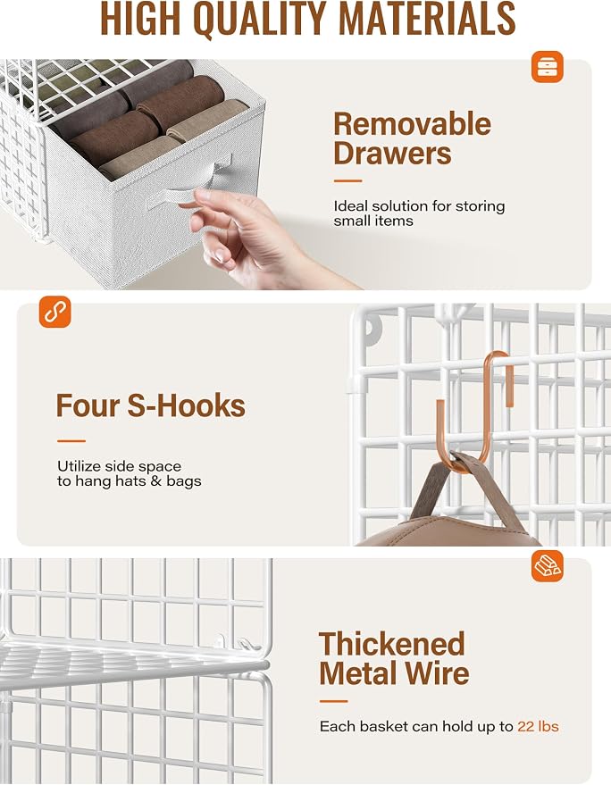 Closet Hanging Organizer with Drawers, 6 Tier Metal Closet Organizers and Storage with 4 Hanging Hooks 4 S-Hooks for Wardrobe Laundry Room, Wire Storage Shelf for Clothes Sweaters Pants (White) - Image 3