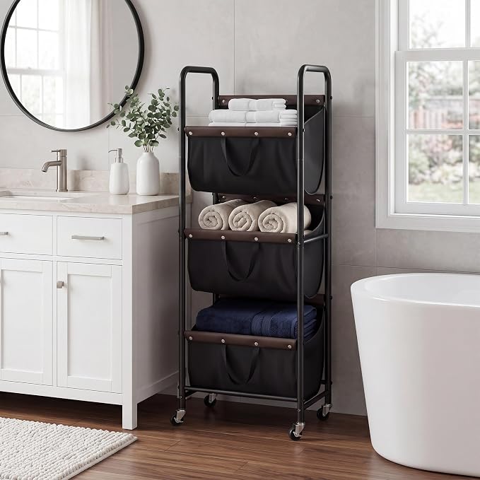 GRANNY SAYS 3 Tiered Laundry Sorter, Narrow Hamper Cart with Wheels | Sturdy 3 Section Laundry Basket with Wheels, Vertical Black Hamper Cart for Bedroom, Bathroom, Apartment - Image 7