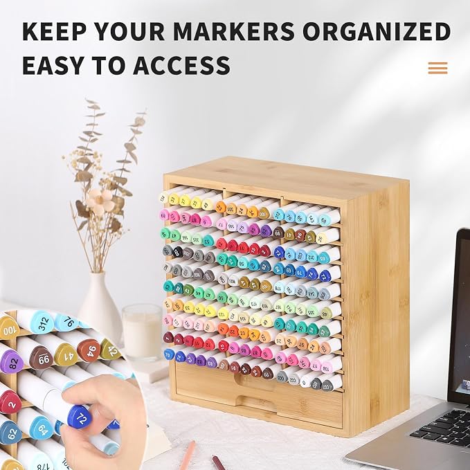 AUTOARK Bamboo Marker Organizer for 150 Markers,AHK-060 | Desktop Storage with Drawers,Art Markers Pens Pencils Brushes - Image 4