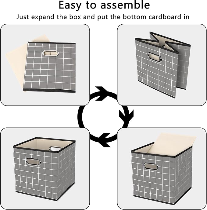 Yunkeeeper storage bins Cubes, Fabric Cube Organizer with Handle, Foldable Cube Bins for Cloth or Accessary Storage, 11x11x11, Set of 3,(Grey grid) - Image 6