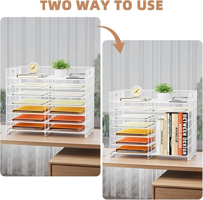 Marbrasse Desktop Literature Organizer, 12 Compartments Mesh Paper Organizer Desk Organizers, Adjustable File Sorter Mail Center Paper Storage Cabinet Classroom Mailbox for Office Home School, White - Image 6