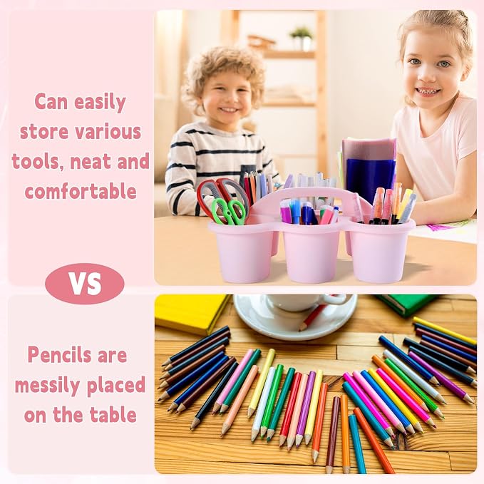 gisgfim 6 Pack Classroom Caddy Organizer with Handle, 6 Compartments, Pink | Stackable Plastic Table Caddies, 12x9x3.5 In, caddy Organizer for School Supplies, Crayons, Pencils, Crafts and Drink Cups - Image 4