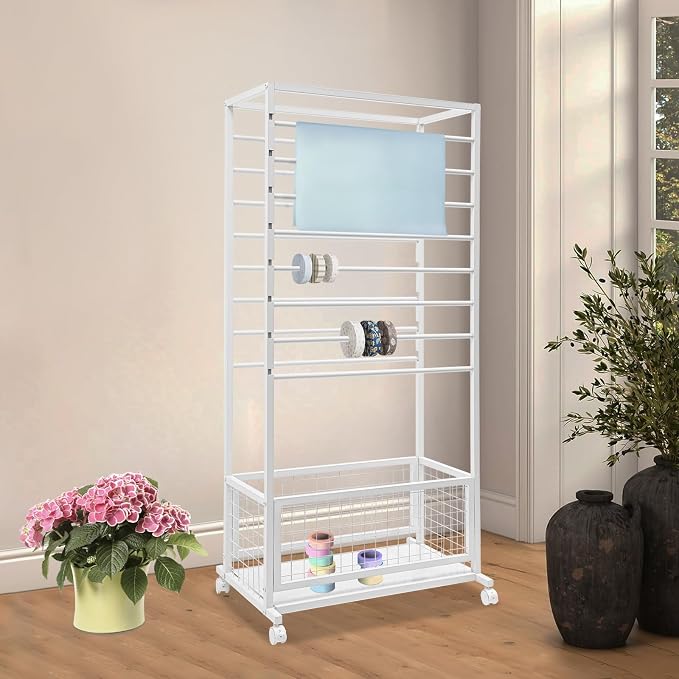 Floor Standing Ribbon Storage Organizer, 16-Layer Iron Rolling Ribbon Holder Organizer Rack with Bottom Basket, Wrapping Paper Holder, Slim Ribbon Storage Rack for Flower Shop,Craft Room H: 60inch - Image 3