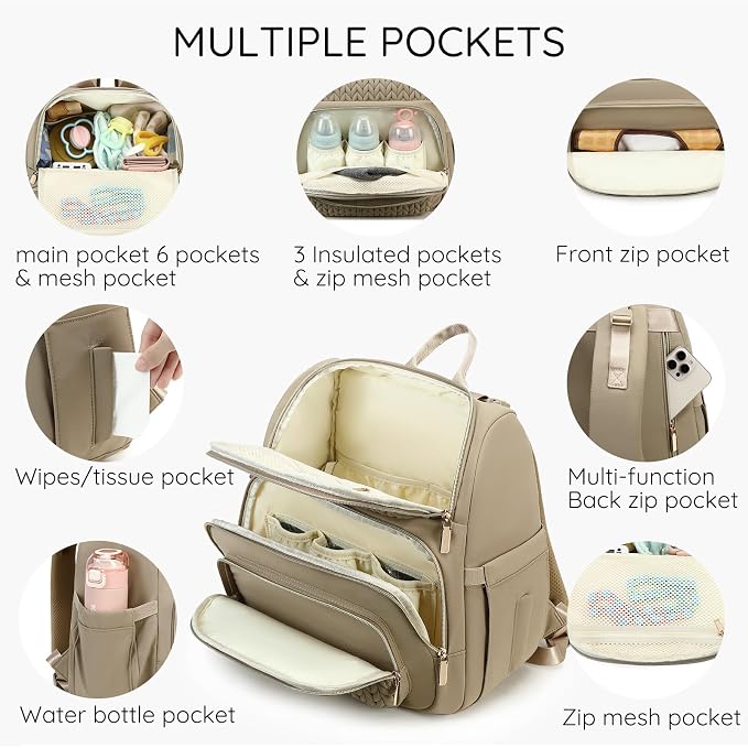 MAPLELILY Large Diaper Bag Backpack, Stylish Baby Travel Diaper Bag, Brown | Lightweight maternity hospital backpack. With changing pad, stroller straps, insulated pocket. Mom, dad, toddler - Image 2