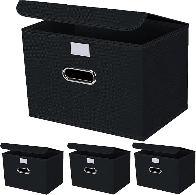 4-Pack Large Collapsible Storage Bins with Lids,Fabric Storage Cubes Organizer for Shelves,Closet,Nursery,Foldable Cube Storage Baskets with Handles,Home Boxes (14.9"x9.8",Black) by SEVENDOME
