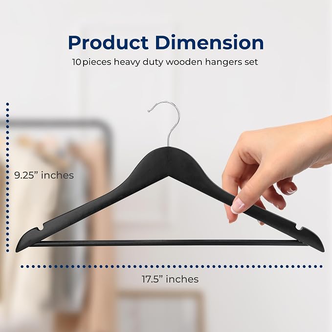 SereneLife 10 Pack Wooden Coat Hangers, Natural Wood Suit Hangers with Non-Slip Pant Bar, with 360-Degree Rotatable Hook, for Closet Organization, Shirts, Jackets, Dresses, and Pants (Black) - Image 2