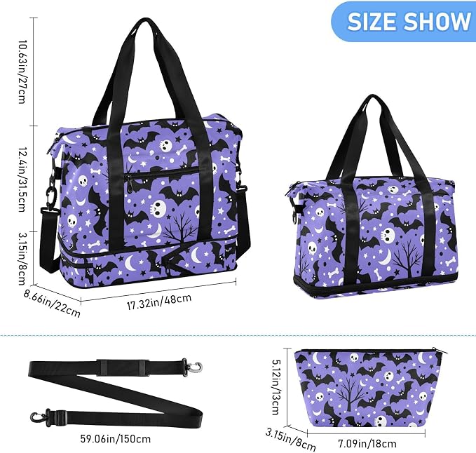 Travel Duffel Tote Bag Bats Satellites Skulls and Trees Sports Duffel Bag with Wet Pocket Weekender Overnight Bag for Women Men Gym Bag, Carry On Bag Hospital Bag for Labor and Delivery - Image 2