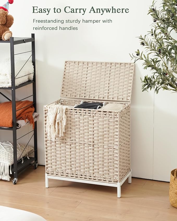 SETVSON Laundry Hamper with Lid,Clothes Hamper with Lid,132 L, Light Khaki | 35 Gallons, Handwoven Rattan Laundry Hamper, Metal Heightened Feet, 3 Removable Liner Bags for Laundry - Image 8