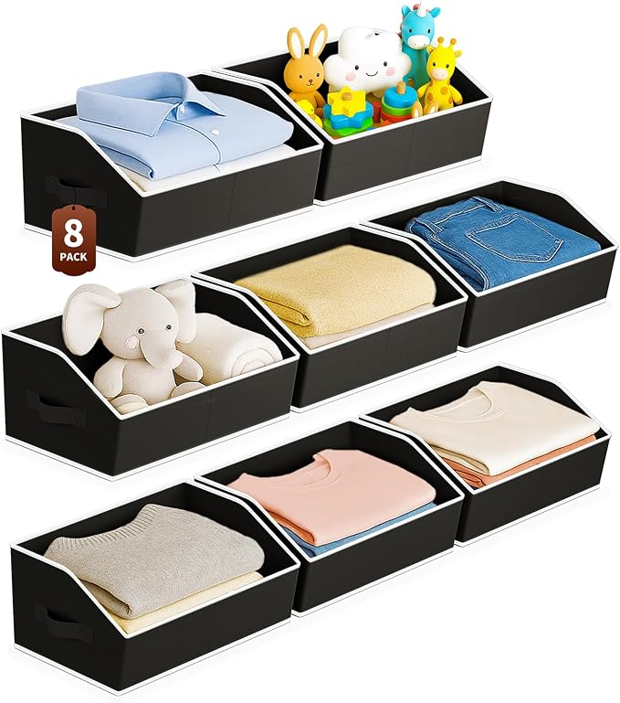 Large Closet Organizers and Storage Bins - 8 Pack Trapezoid Storage Baskets for Shelves, Foldable Fabric Baskets with Handles Ideal for Closet, Basket, Wardrobe and Shelf Storage, Black by Homsorout
