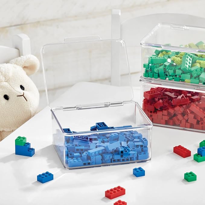 mDesign Plastic Playroom and Gaming Storage Organizer Box Containers with Hinged Lid for Shelves or Cubbies, Holds Small Toys, Building Blocks, Puzzles, Markers, Controllers, or Crayons, 8 Pack, Clear - Image 3