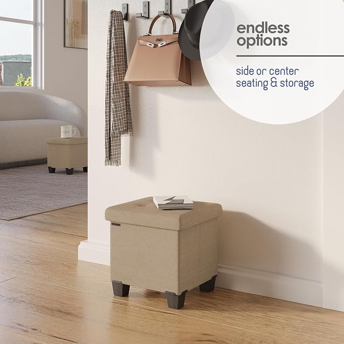 Storage Ottoman Cube with Small Bin, 15-in Square Ottoman with Storage for Living Room and Bedroom, Small Ottomans Foot Rest, Fabric Foot Stools Ottomans Max 330lbs, Taupe - Image 6