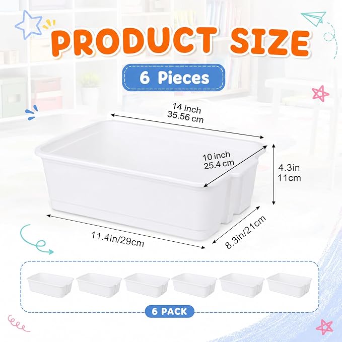 6 Pack Plastic Book Bins Stackable Classroom Cubby Organizer, White | Scoop Front Storage Bins, Cubby Bins with Handles for School Library Office Home Nursery Playroom Organization - Image 2