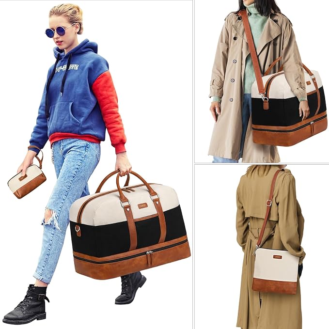 Weekender Bag for Women, Large Overnight Bag Canvas Travel Duffel Bag Carry On Tote with Shoe Compartment 21" 3Pcs Set - Image 6