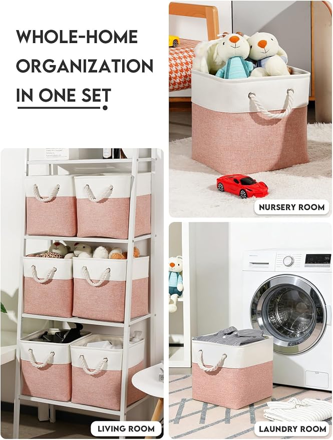 Temary 11 Inch Storage Cubes, Sturdy Fabric Bins with Metal Support & Soft Rope Handles, 6 Pack Foldable Nursery Organizer Baskets for Clothes, Home (White & Pink) - Image 6