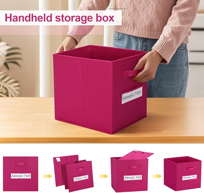 11x11 storage cube bins (Set of 10) Foldable Fabric storage cubes with 10 Labels Window Cards & a Pen,11 inch cube storage bin,Closet Organizers for Shelves,Cubby Organizer Boxes,Dark pink - Image 4