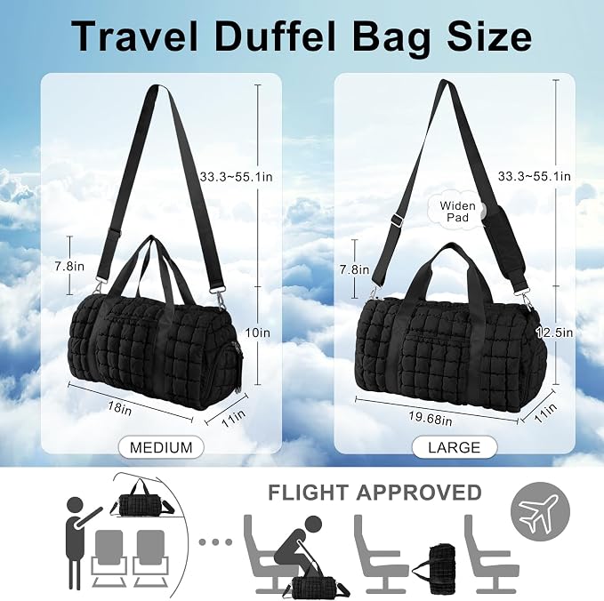 Quilted Travel Duffle Bag Gym Bag for Women,Large Puffer Duffle Weekender Bag with Compartment,Workout Overnight Carry on Organizer Bag Duffle Bag for Airplane Travel(L-Black) - Image 2