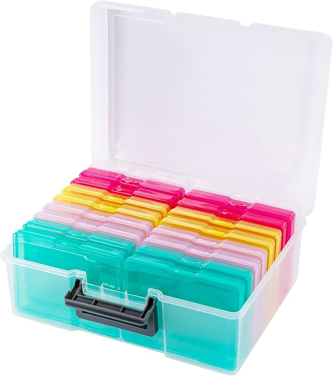 Photo Storage Box 5" x 7", 18 Inner Extra Large Photo Organizer Container, Plastic Craft Storage Box with Handle for Cards, Sticker, Seed, Scrapbooking, Craft, Classroom Supplies by IDekooror