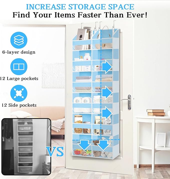Over The Door Organizer 6 Tiers, Extra Large Behind Door Storage of 12 Compartments, 80 lbs Weight Capacity Hanging Storage Organizer with Clear Window Kids Toys,Shoes,Diapers,Room Storage,Blue - Image 2